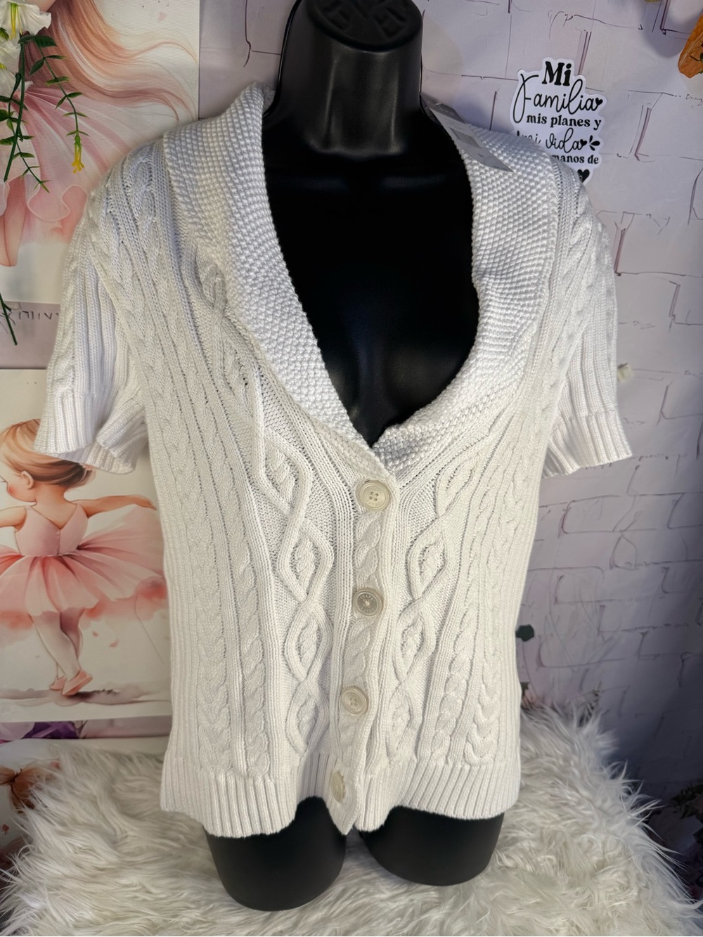 Chaps White Cable-Knit Short Sleeve Button Cardigan